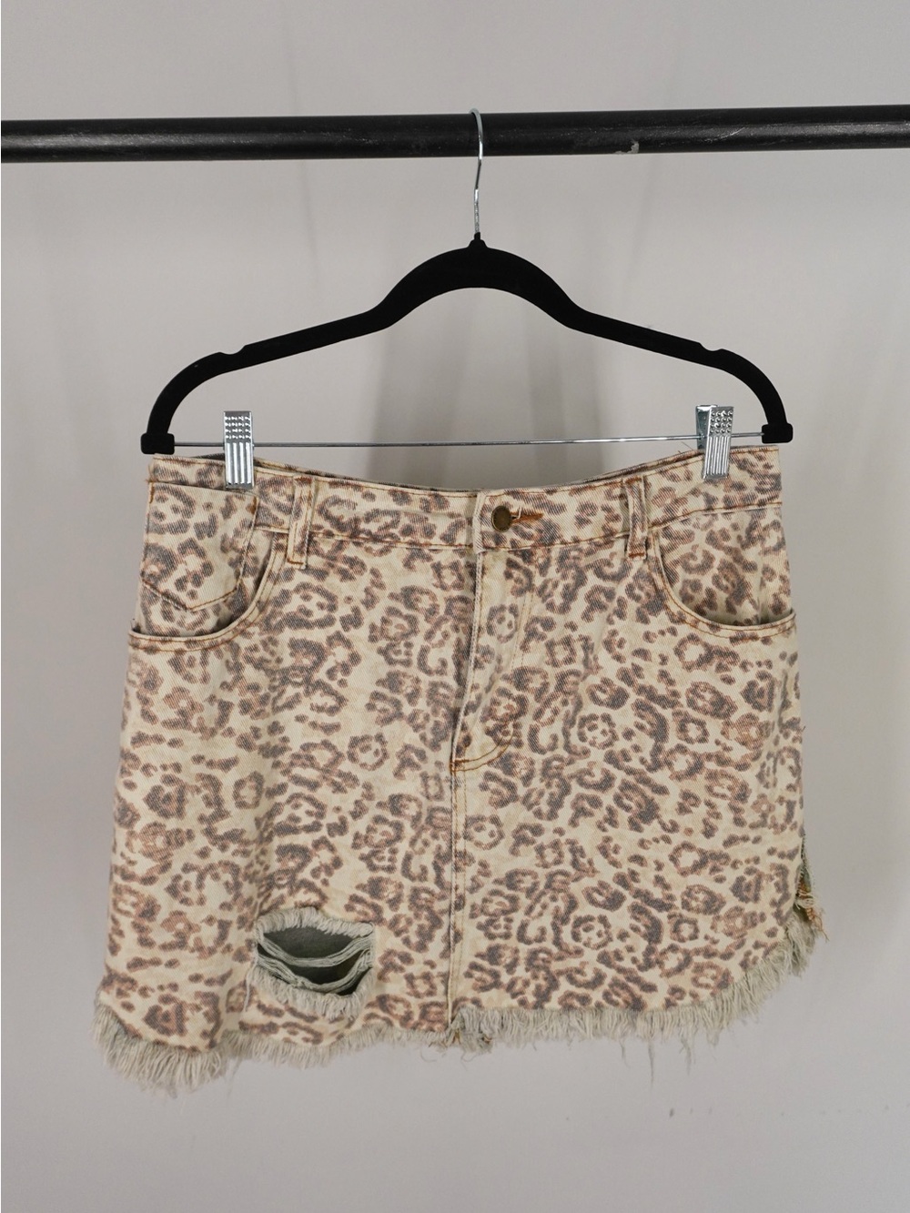 Distressed Tan Cheetah Print Mini Denim Skirt